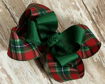 Christmas Plaid Hairbow - Boutique Hair Bow - Red Green and alittle Blue and White Holiday Hair Bows -