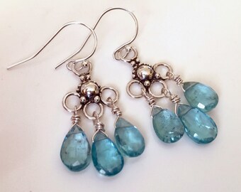 Apatite and Sterling Trio Chandelier Earrings, gemstone earrings, natural apatite, bright blue earrings