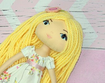 MIA - Olive and Dewdrop Kids Doll - 17" OOAK Doll, Heirloom quality doll, Handmade Doll, Fabric Doll, Dress Up Doll with Dress and PJs