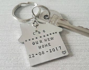 Personalised keyring, new home, first home, housewarming gift, hand stamped, house, key