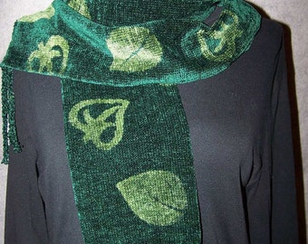 Handwoven Scarf, Chenille Scarf, Woven Chenille Scarf, Woven Scarf, Leaf Scarf, Forest Green Scarf, Handwoven Scarf, Chenille (#11-02)