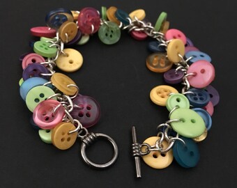 rainbow button charm bracelet; button bracelet; delicate bracelet; sewer jewellery; Gifts for her; statement jewellery; crafter bracelet