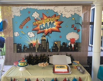 SALE Superhero Backdrop, Superheroes Birthday Backdrop, Boy Superheroes party banner, Comic Superhero Party Backdrop, Superhero skyline