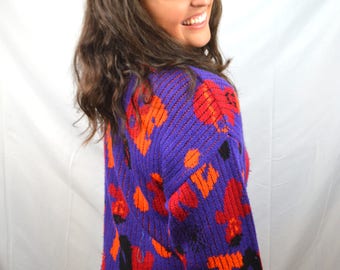 Vintage 1980s 80s Oversized United Colors of Benetton Sweater - Purple Red Orange Outer space Planet