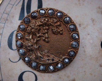 Antique Sewing Button Under the Apple Tree Marcasites Victorian Edwardian Large Brass Button Sweet