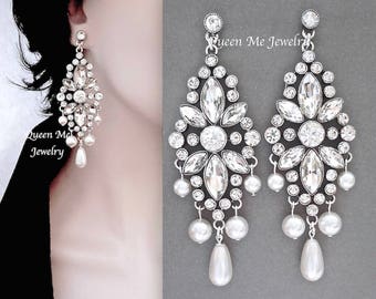 Pearl chandelier earrings, Brides earrings, Couture wedding earrings, Swarovski, Statement earrings, Crystal chandelier earrings ~ Art Deco