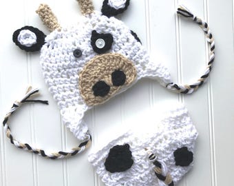 Crochet cow hat, crochet baby cow hat, cow hat and diaper cover, baby cow beanie, baby cow hat, newborn cow hat.