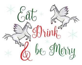 DOWNLOAD Printable Christmas Cards Original Hand Drawn Pegasus Merry Holiday Snowflakes DIY Sheet pdf