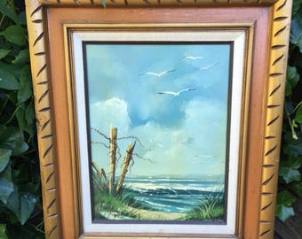 Very Nice Original Signed Oil Painting Beach Scene with Seagulls and Waves.