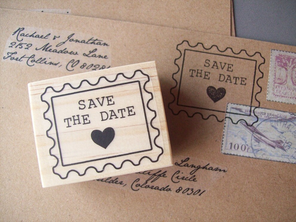 save the date stamp postage style with heart weddings
