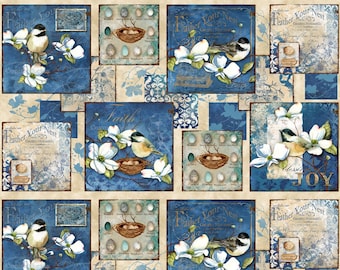 Bird Fabric - Feather Your Nest by Nancy Mink for Wilmington Prints Fabric - 33778 241 Blue - Priced by the 24-Inch Panel