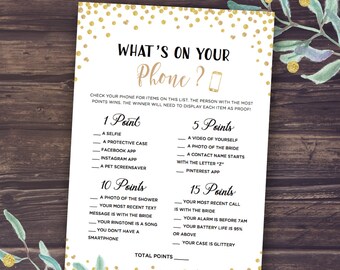 What's in your Phone Game, Instant Download, Printable Bridal Shower Games Whats on your phone, Gold glitter confetti, Wedding Shower Fun