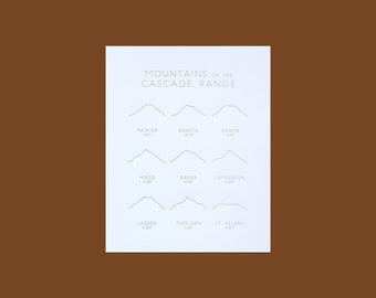 Mountains of the Cascade Range Letterpress Illustrated Art Print 8x10