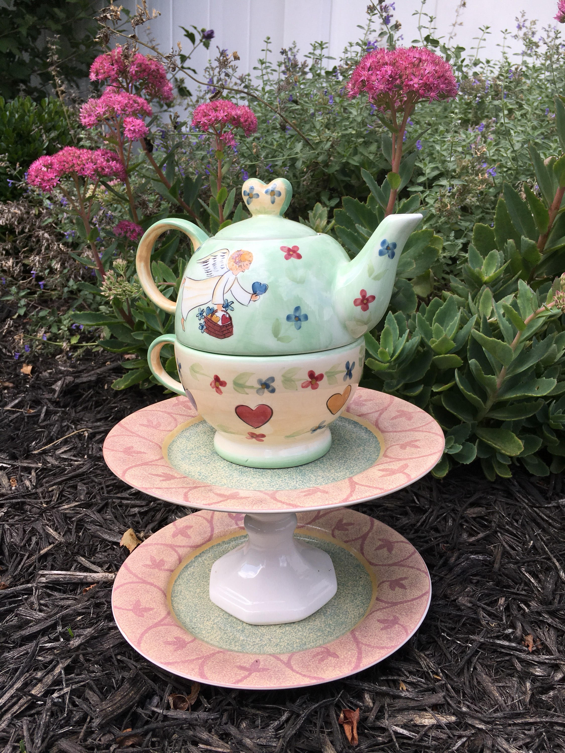 Angel bird bath teapot whimsy teapot bird feeder yard
