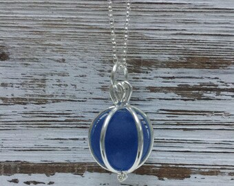 elegant cobalt blue etched glass marble necklace, silver faux sea glass necklace, silver blue glass marble necklace, glass marble necklace
