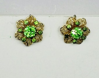 Vintage Green Rhinestone Flower Earrings