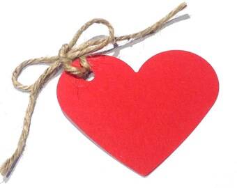 10 Red / Kraft Brown or Ivory Heart Shaped Tags with Natural Jute Twine - 70mm x 60mm - UK Based