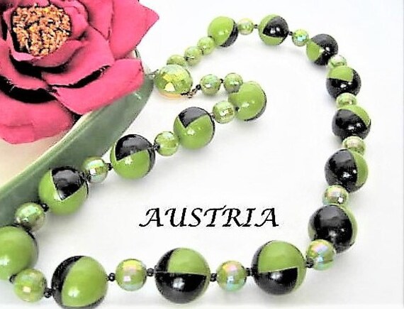 Mid Century Necklace, Bead Necklace, Geometric Signed Austria, Iridescent Necklace