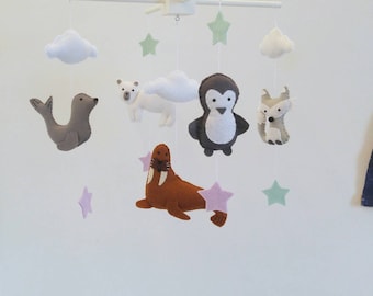 Penguin, polar bear, seal, arctic fox and walrus baby mobile, arctic baby mobile - arctic animals nursery mobile made to order