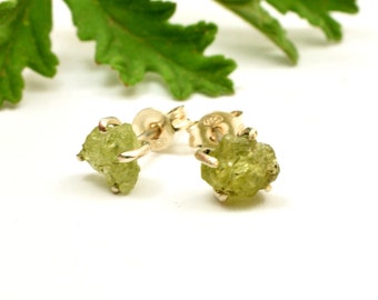 Raw peridot earrings studs, sterling silver peridot rough stone studs, uncut green stone earrings, green gemstone stud, peridot jewelry Sale