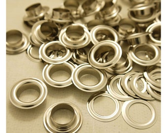 Metal Eyelets Grommets With Washers Silver Plated Metal, 14mm Barrel Diameter, Pack of 100 sets. (GW042-28S)