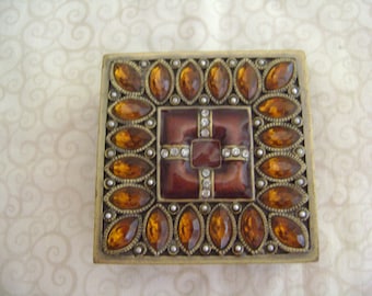 Vintage Metal Trinket Box with Rhinestones