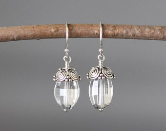 Quartz Crystal Earrings - Bali Silver Earrings - Silver Dangles - Wire Wrapped Earrings Silver- Clear Quartz Earrings - April Birthstone