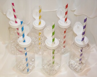 MILK - Juice BOTTLEs BPA Free / No SPiLL LiDs/ STRAW Holes Drink Bottles ( 8 oz Small Square ) with FlIp ToP Lids- StRaW HoLe