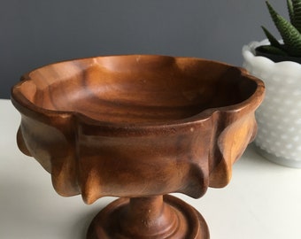 Vintage carved wood footed bowl, footed compote