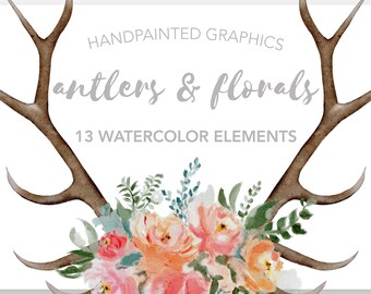 FLORAL ANTLER Clipart, commercial use, muted florals, wedding invitation graphics, bohemian watercolor clipart element, flower illustrations