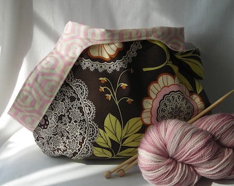 Knitting Project bag - medium size japanese knot bag - shawl sock crochet amigurumi - Amy Butler Lotus Lacework - free pattern