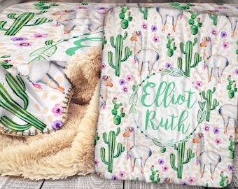 Personalized Llama Cactus Blanket - Sherpa Throw Blanket - Cactus Blanket - Llama Baby Blanket - Personalized Sherpa Blanket