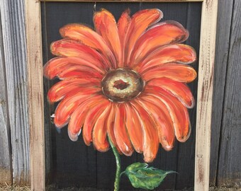 Orange Gerbera daisy, flower on window screen ,porch decor, rustic decor
