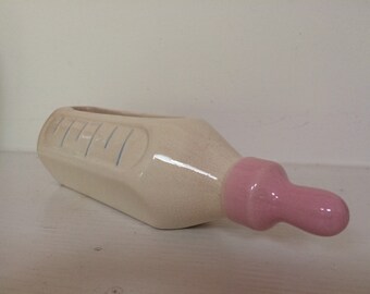 Hand Painted Ceramic Baby Bottle Planter - Mid Century Ceramic Nursery Planter