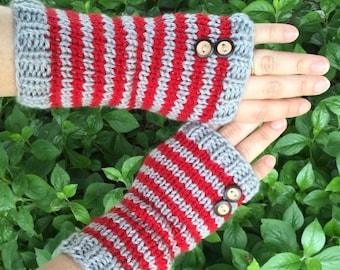 Scarlet and gray striped fingerless gloves, Ohio State themed fingerless gloves, Buckeye texting knits, OSU gloves,Buckeye buttons