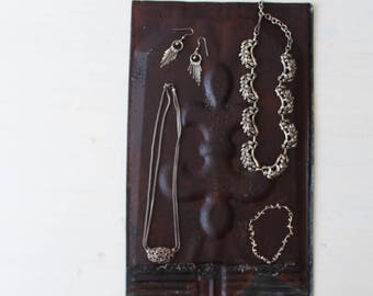 Flat Jewelry Display - Antique Embossed Galvanized Ceiling Tin - Fleur De Lis Architectural Salvage Tile Necklace / Bracelet / Ring Backdrop