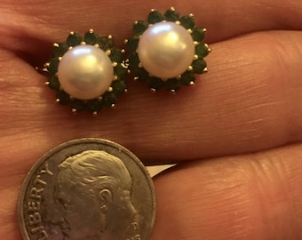 Estate Hallmarked 14 Karat Yellow Gold Cultured Pearl Emerald Surround Stud Earrings