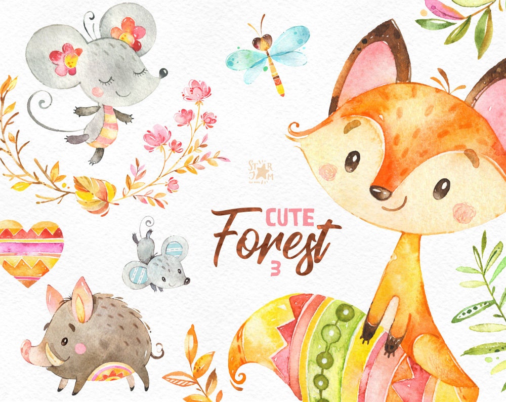Download Cute Forest 3. Watercolor little animals clipart fox mouse