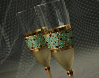 Mint Red Gold Wedding Glasses, Champagne Flutes, Retro Wedding, Mint Wedding, Hand Painted