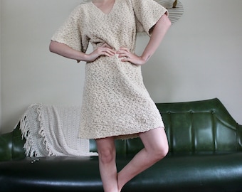 70's Vintage Loose Knit Oatmeal Wide Bell Sleeve Tunic Dress // Small Medium