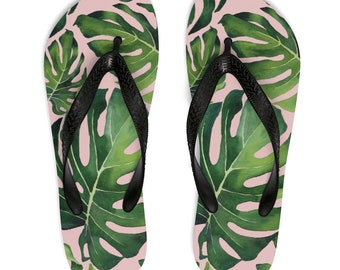 Unique Flip Flops, Green & Pink Tropical Monstera Leaf Print Flip Flops, Tropical Leaves Flip Flops, Lush Leaf Print Unisex Flip Flops