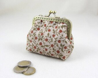 Handmade coin purse, floral purse, change purse, womens clasp purse, gift for her, kiss lock purse, bronze frame pouch, made in France