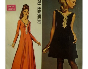 A-line Dress Pattern, 60s, Deep V-neck, Princess Seams, Evening Wear, Sleeveless/Long Sleeves, Braid Trim, Simplicity No. 8493 Size 14