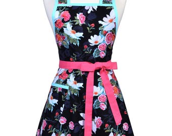 Womens Vintage Apron - Asian Magnolia Black Pink Aqua Apron - Cute Retro 50s Style Kitchen Apron - Over the Head Apron - Monogram Option