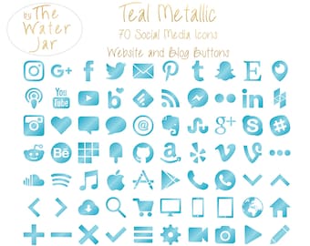 Metallic Teal Social Media Icons for Commercial Use in Aqua Teal Metallic, Social Icons, Social Media Buttons, Website Icons, Blog Buttons