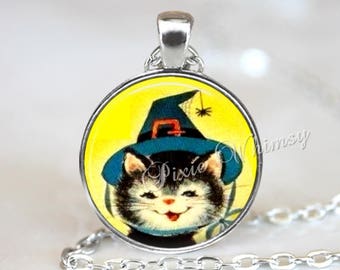 HALLOWEEN Pendant Necklace, Black Cat Witch Pendant Necklace, Pumpkin Necklace, Cat Witch, Vintage Retro Halloween