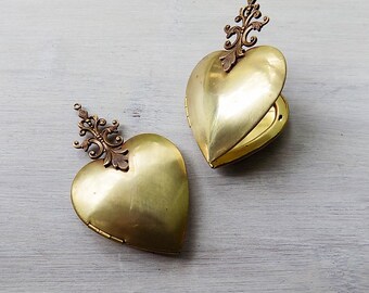 Ex voto, ex voto heart, heart locket, hand soldered locket, ready for embellishment, brass heart locket, milagro heart, sacred heart locket