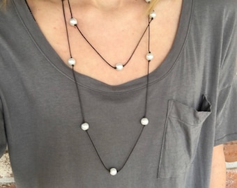 Wrap Around Long Pearl and Leather Necklace