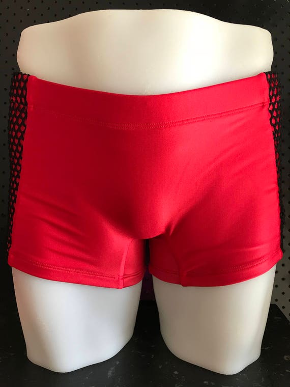 INTRODUCING our Mens euro swim truck brand: ROGUEswim ** REDlight/BLACK fishnet mesh panelled swim short