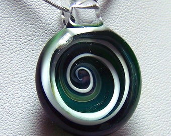 Dark green and white sparkle 3D spiral whirlpool - glass lampwork vortex pendant